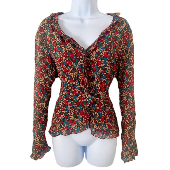 100% Silk Garnet Hill Boho Floral Print Women’s Top Blouse Long Sleeve Shirt 16 - Picture 2 of 9